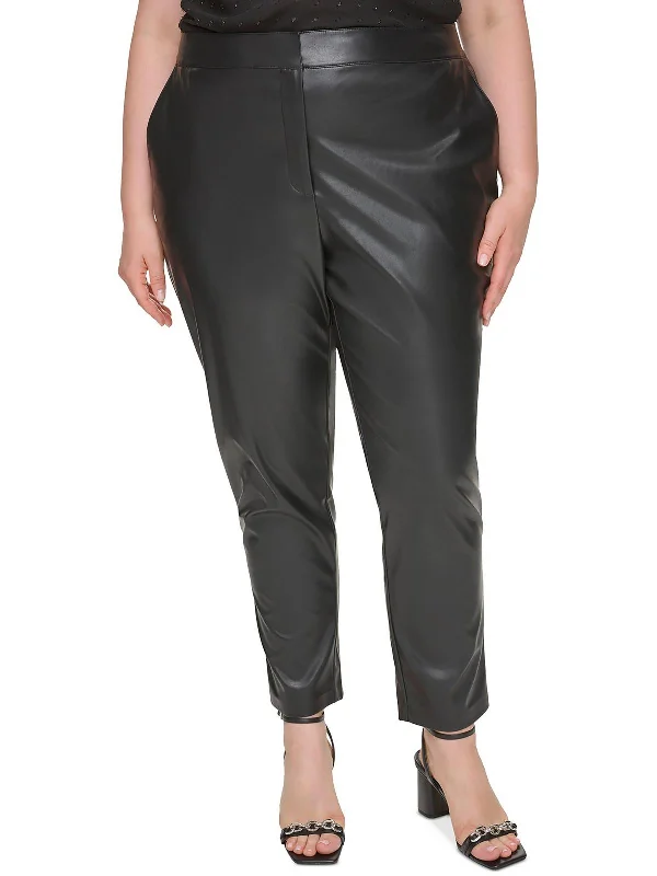 indigo tailored pants sleek -Plus Womens Faux Leather Office Ankle Pants