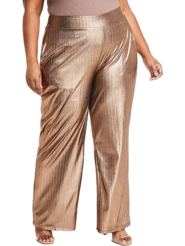 lilac straight pants modern -Plus   Womens Metallic Disco Wide Leg Pants