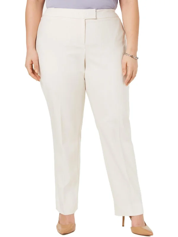 coral straight pants sleek -Plus Womens Solid Mid-Rise Straight Leg Pants