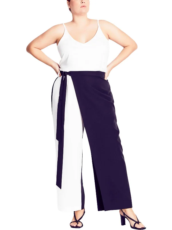 indigo wide leg pants elegant -Plus Womens Tie Belt Ankle Length Wide Leg Pants