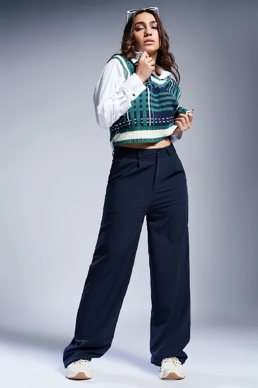 maroon wide leg pants elegant -Rich Navy Straight Fit Korean Pants