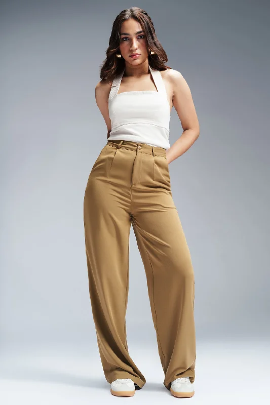 coral leather pants vibrant -Toffee Brown Single Pleated Korean Pants