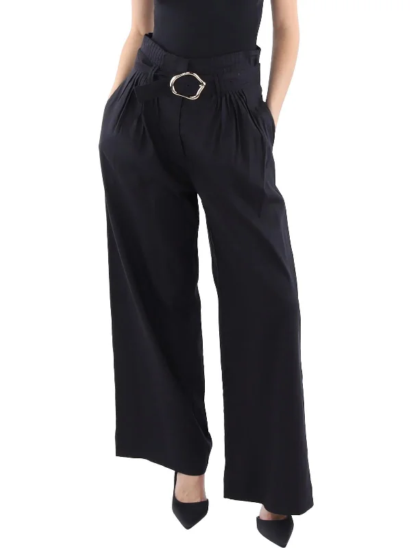 coral high waisted pants trendy -Womens Belted Pleated Wide Leg Pants