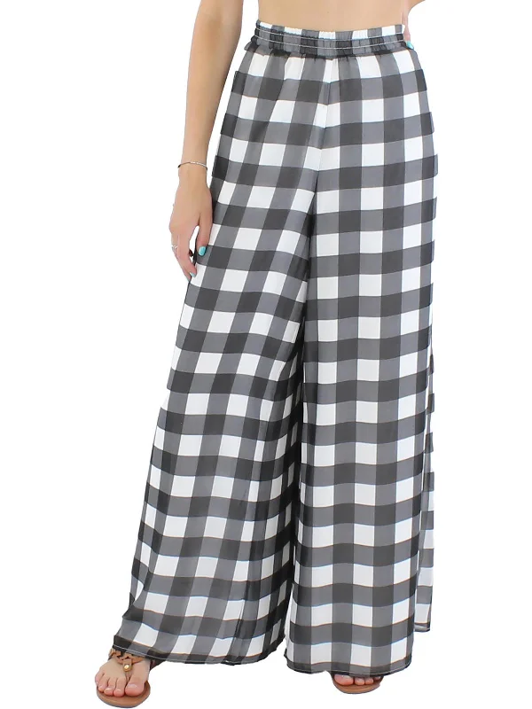 khaki sweatpants for lounging -Womens Chiffon Check Print Wide Leg Pants