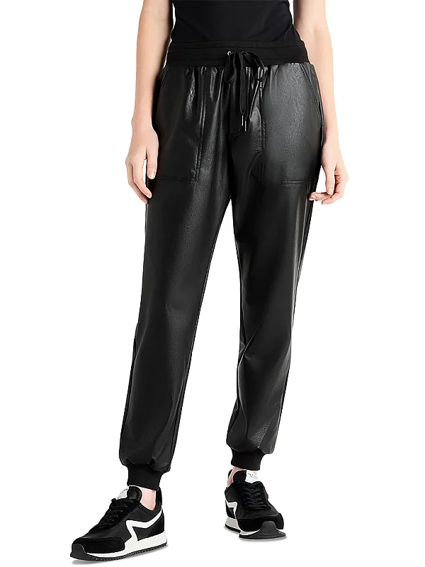 olive wide leg pants stylish -Womens Faux Leather Pull On Jogger Pants