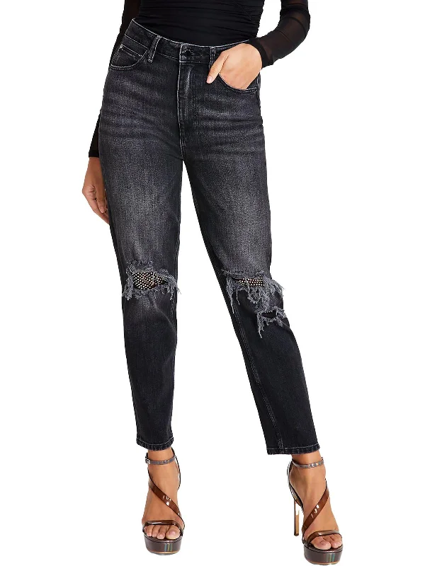 heather grey denim pants casual -Womens Five Pocket Rip Mom Jeans