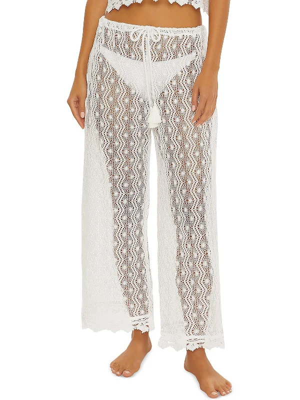 taupe wide leg pants trendy -Womens High Rise Crochet Wide Leg Pants