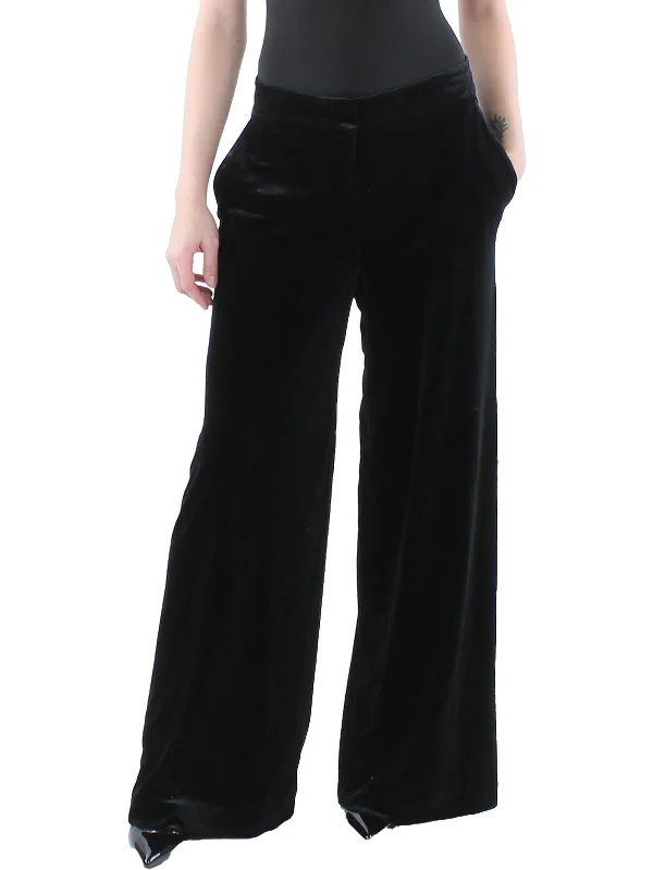 coral jogger pants comfy -Womens Mid Rise Velvet Wide Leg Pants