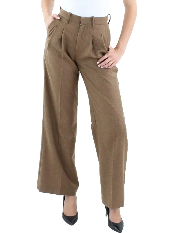 khaki wide leg pants chic -Womens Pleated Wool Wide Leg Pants