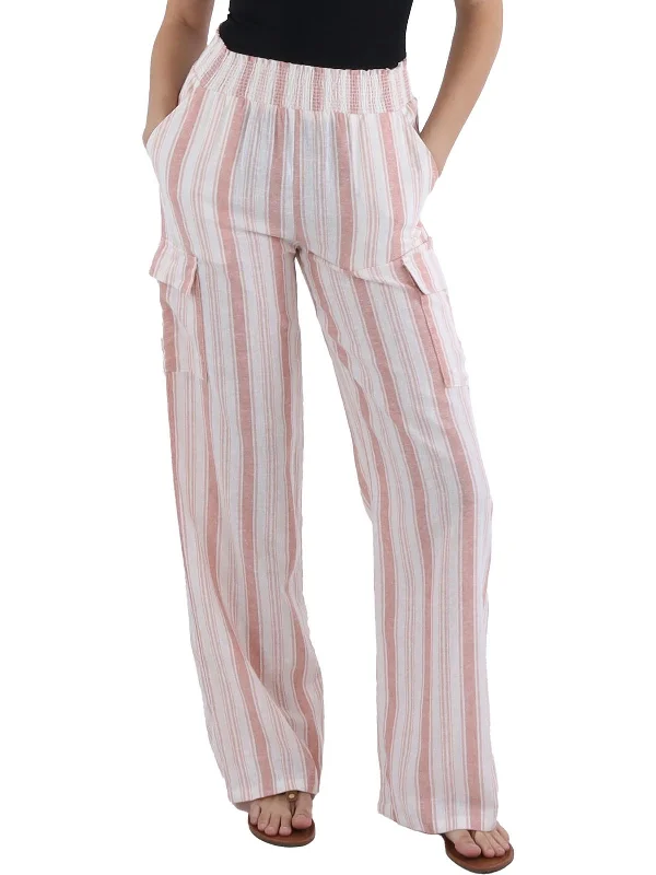 heather grey skinny pants chic -Womens Smocked Striped Straight Leg Pants